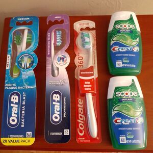Crest Scope gel Colgate medium oral b $29 retail  2 Toothpaste 4 Toothbrush Lot